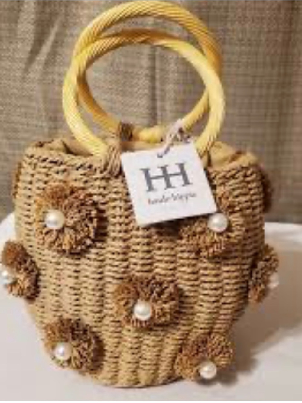 Woven Straw Bucket Bag with Pearl Flower Accents - Natural